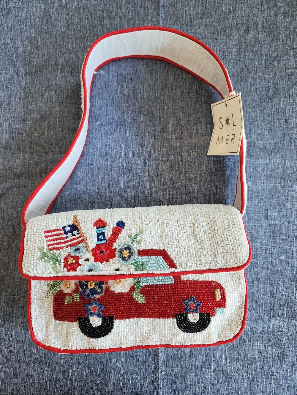 Beaded Red Truck Bag with Patriotic Floral Design Summer Viral Tik Tok NWT - Picture 2 of 14